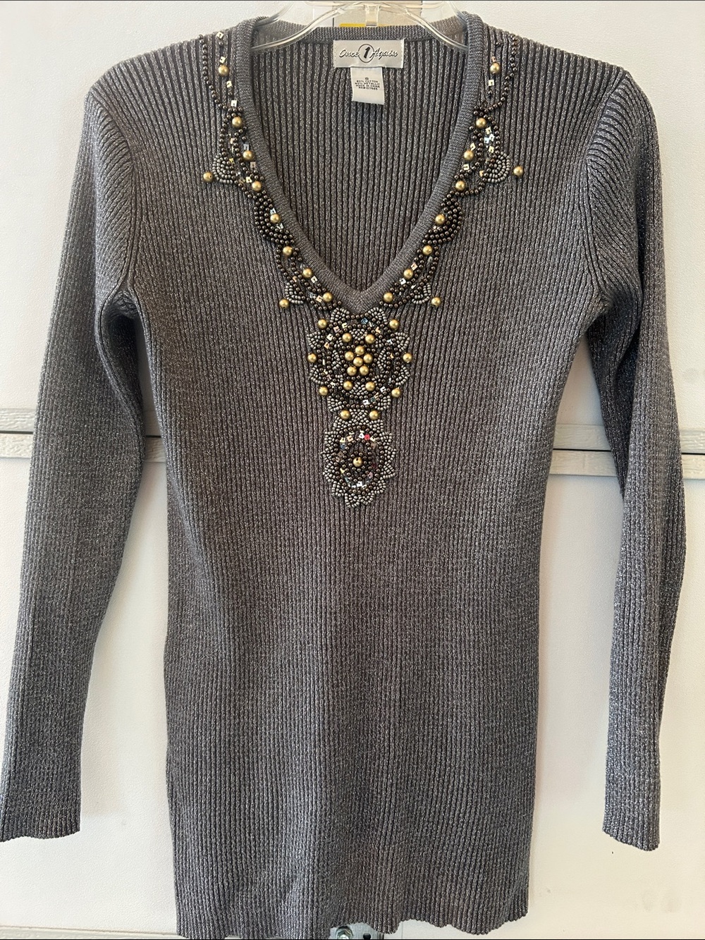 Once Again Gray Embellished V-Neck Ribbed Sweater